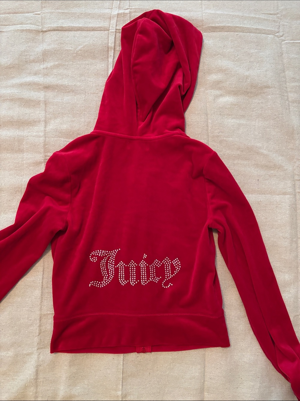 Juicy Couture Red Velour Hoodie with Rhinestone 'Juicy' Script XS